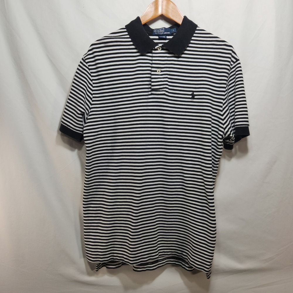 Vintage Polo Ralph Lauren Mens Shirt Size Large Short Sleeve Striped Black White